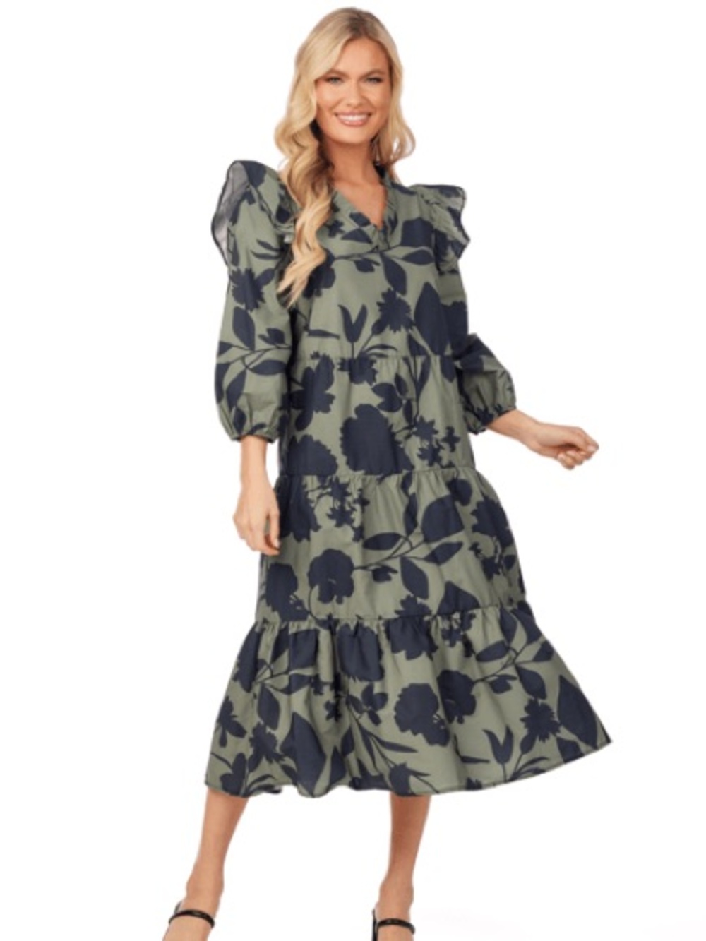 Mud Pie Olive Green & Black Floral Ruffle-Tier Midi Dress
